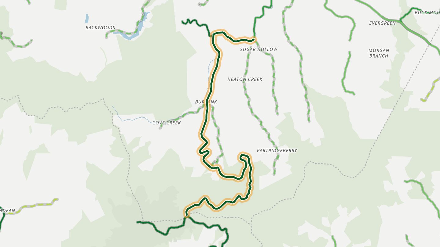 Map of TN 143 (Roan Mountain) near Roan Mountain, with the road highlighted