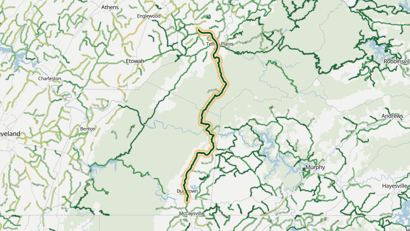 Map of TN 68 near Ducktown, with the road highlighted