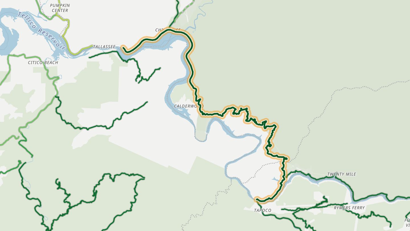 Map of US 129 (Tail of the Dragon) near Tallassee, with the road highlighted