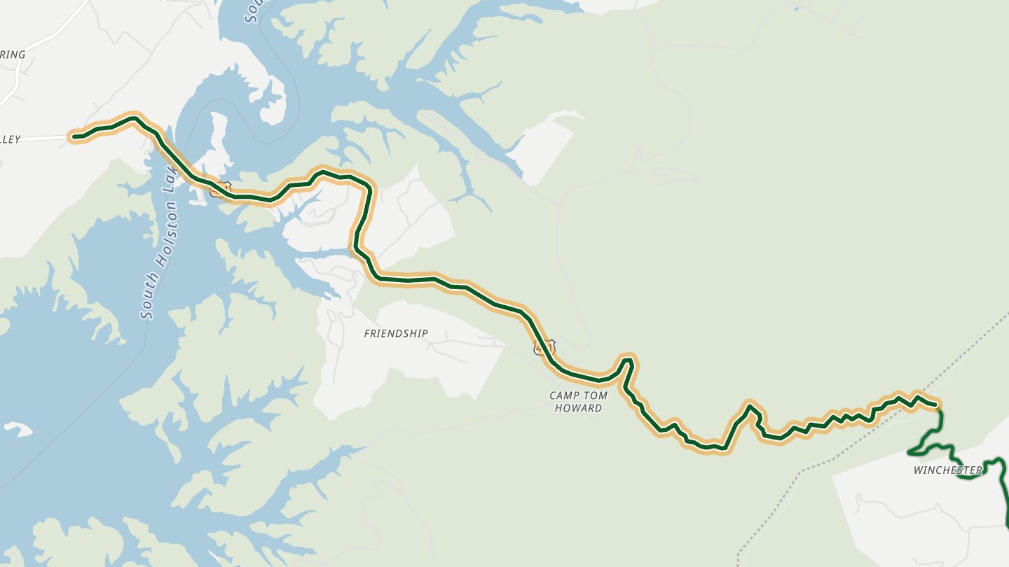 Map of US 421 (The Snake) near Shady Valley, with the road highlighted