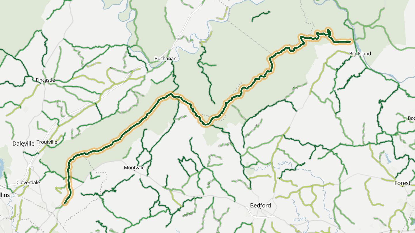 Map of Blue Ridge Parkway (James River to Roanoke) near Buchanan, with the road highlighted