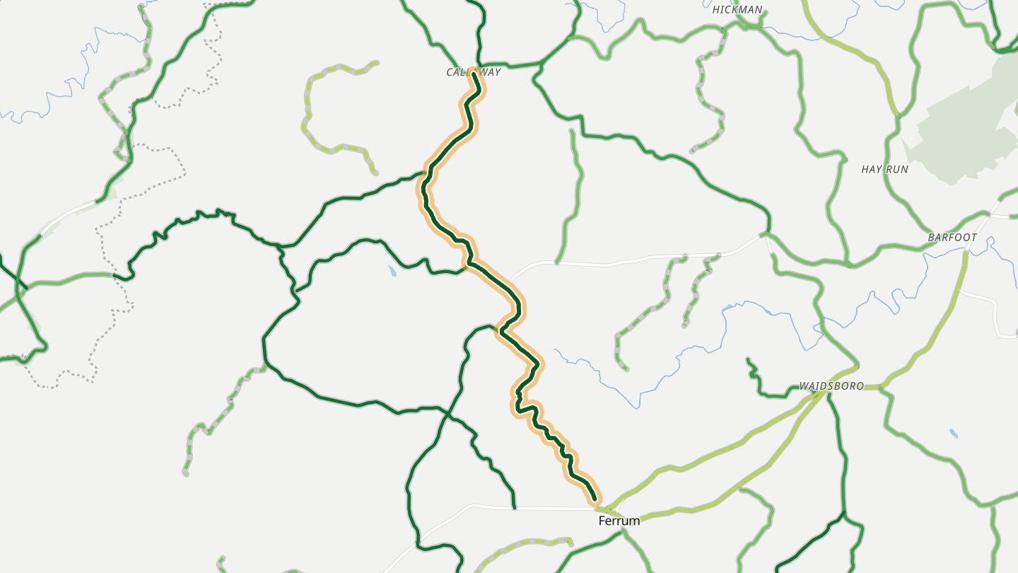 Map of Ferrum Mountain Road near Ferrum, with the road highlighted
