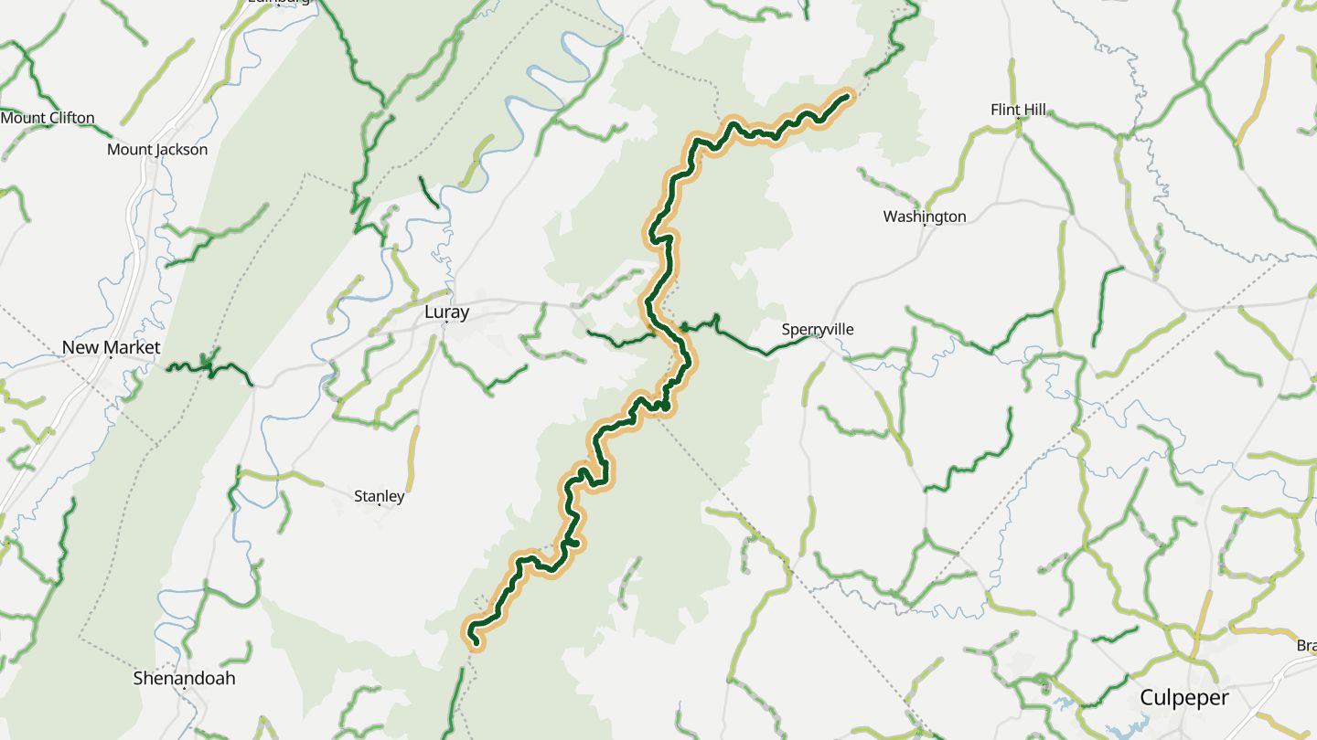 Map of Skyline Drive near Luray, with the road highlighted