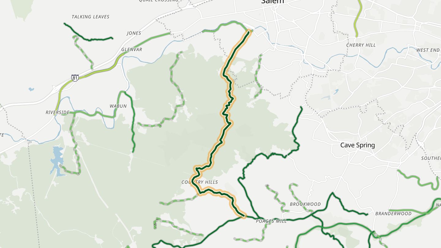 Map of Twelve Oclock Knob Road near Cave Spring, with the road highlighted