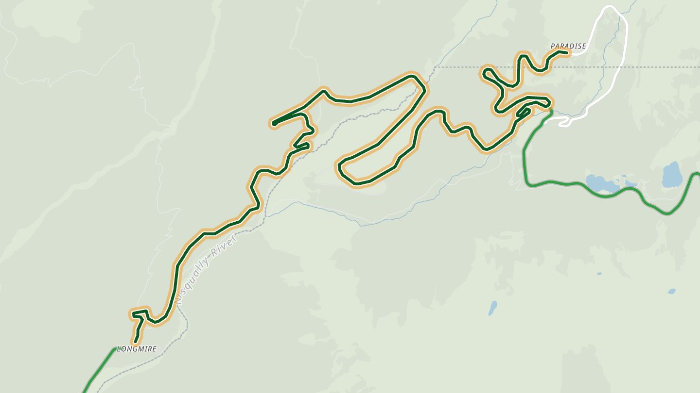 Map of Longmire-to-Paradise Road near Mount Rainier National Park, with the road highlighted