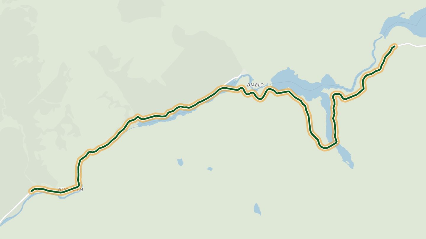 Map of North Cascades Highway (SR 20) near Newhalem, with the road highlighted