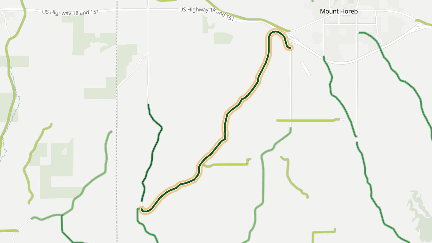 Map of County Road E near Mount Horeb, with the road highlighted