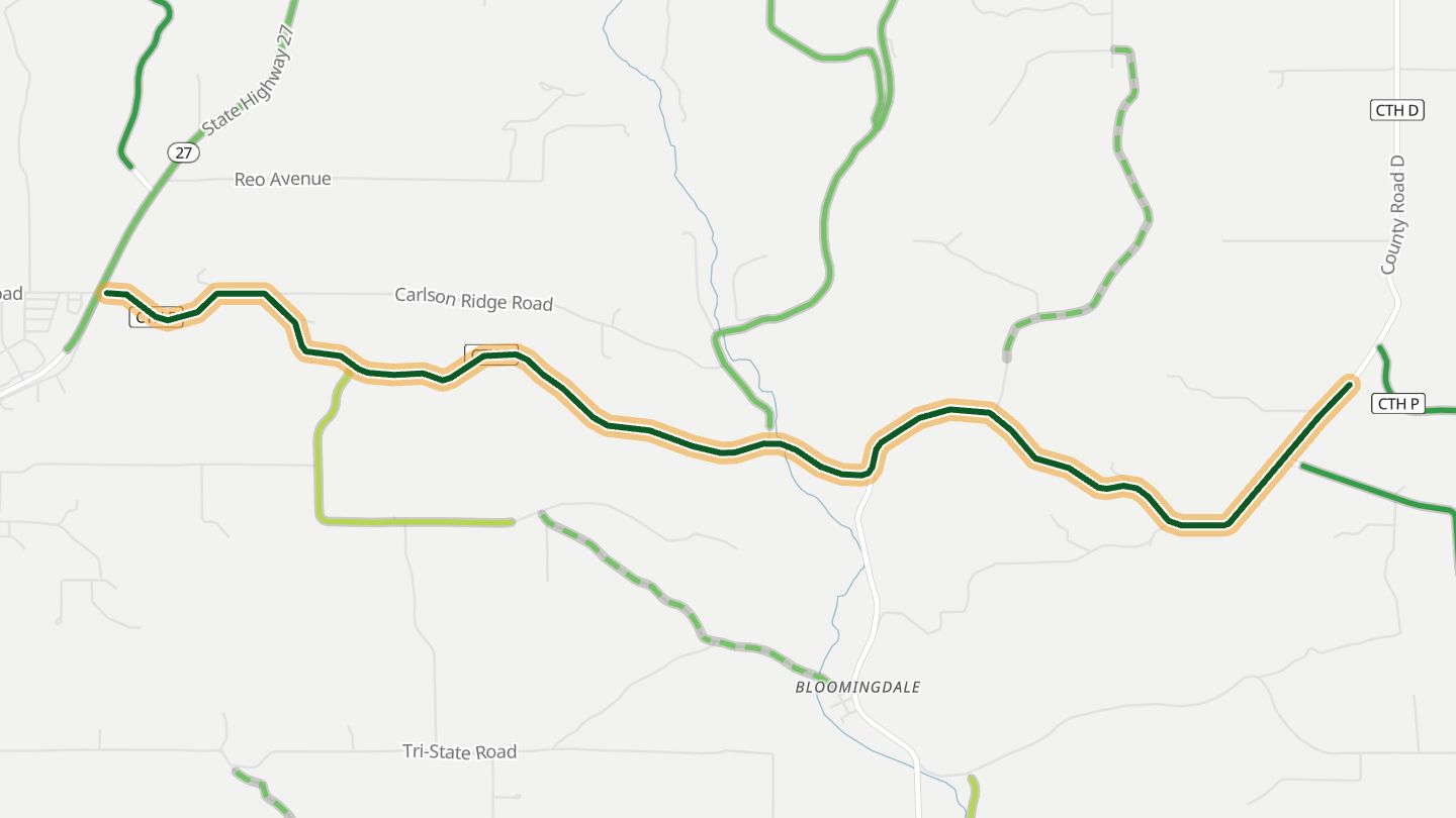 Map of County Road P near Westby, with the road highlighted