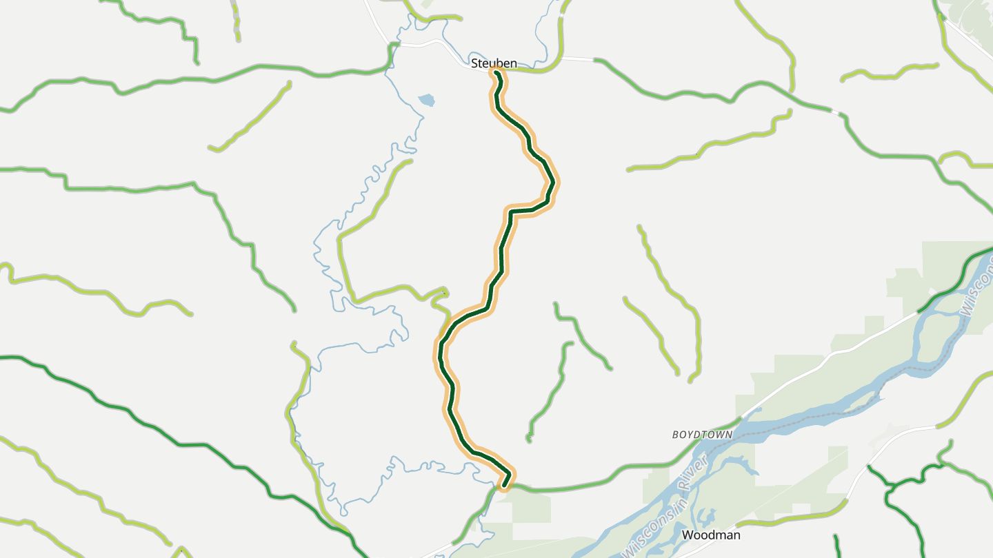 Map of Highway 131 (Kickapoo River) near Steuben, with the road highlighted